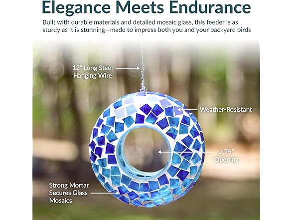 Sunnydaze 6-Inch Glass Mosaic Hanging Bird Feeder, Blue Mosaic