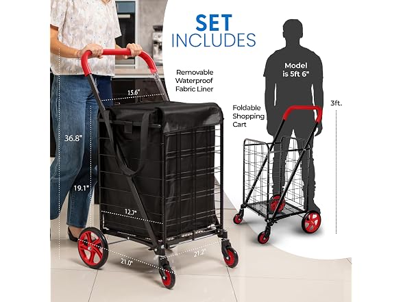 SereneLife Folding Shopping Cart Red