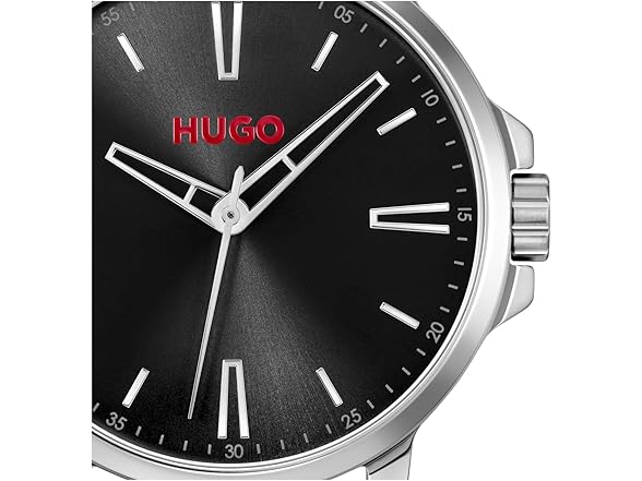 HUGO Mens Smooth Watch Black Leather Strap 41mm