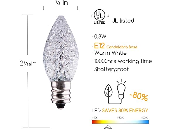 Brightown 25 Pack C7 Led Replacement Christmas Light Bulb