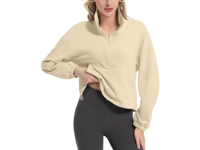 FKEEP Quarter Zip Pullover Women Cropped Sweatshirt Long Sleeve Crop Top Stand Collar Drawstring Casual Pullover Apricot