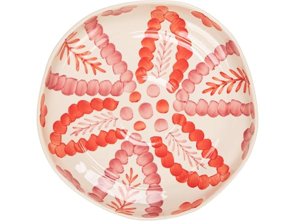 Creative Co-Op Hand-Painted Stoneware Low Bowl with Botanical Design, Multicolor