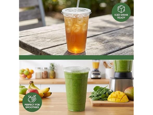 TLAPS 24 oz Crystal Clear Plastic Cups with Flat Lids 100 CT 