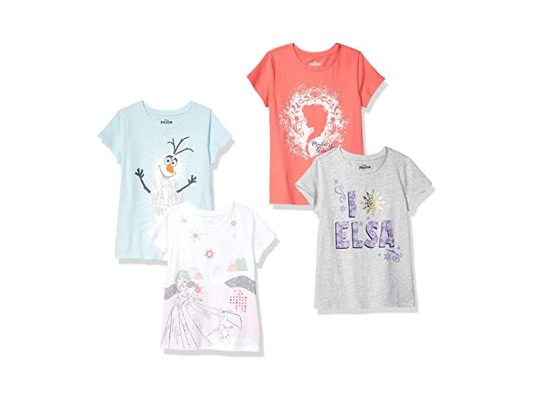 Amazon Essentials Disney | Marvel | Star Wars | Frozen | Princess Toddler Girls' Short-Sleeve T-Shirts, Pack of 4, Blue/Grey/White/Frozen Elsa & Olaf, 4T