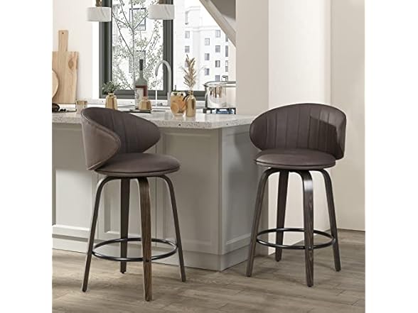 Modern Bar Stools Set of 2 Mid Century Bentwood Barstools Swivel Faux Leather Stools with Back for Kitchen Counter Restaurant, Brown (Open Box)