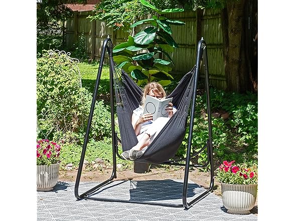 Sunnydaze Patio Hammock Chair with Stand- Black