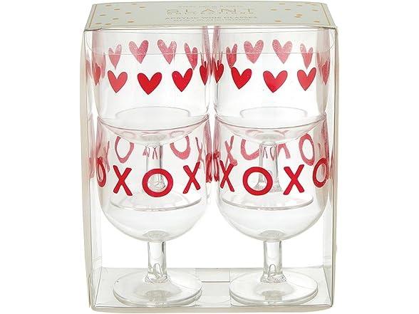  Acrylic Stackable Stemmed Drink Glass, Set of 4, Valentines - Hearts/XO