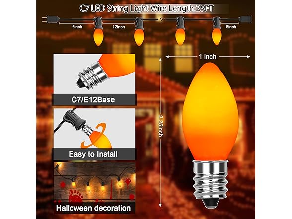 C7 LED Orange Halloween Lights, 25Ft