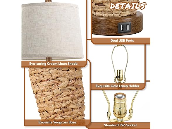TOBUSA Set of 2 Rattan Table Lamps