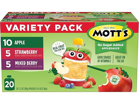 20PK Mott's No Sugar Added Applesauce 3 Flavor Variety