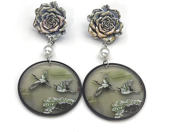 Rose with Crane-Flying Pendant Earrings
