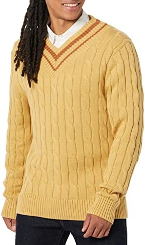 Amazon Essentials Men's Cable Knit V-Neck Sweater, Tan, Large