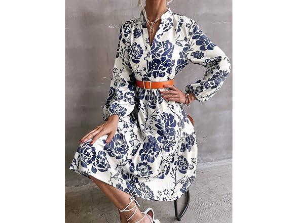 Floerns Women (L) V Neck Ruffle Hem Lantern Dress