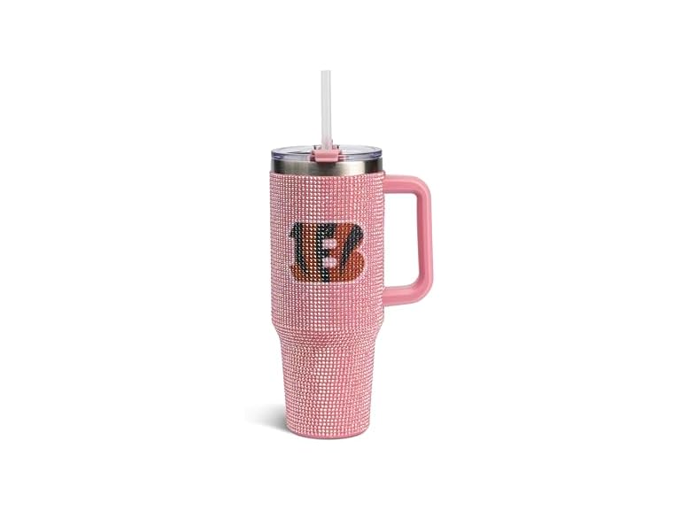 The Memory Company Officially Licensed 40oz Pink Game Day Bling Stainless Steel Tumbler - Premium Insulated Double-Wall Travel Cup With Handle and Straw Lid