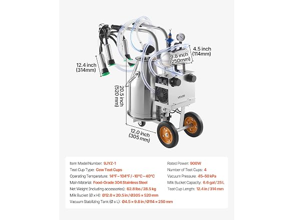 Electric Cow Milking Machine, 6.6 Gal / 25 L 304