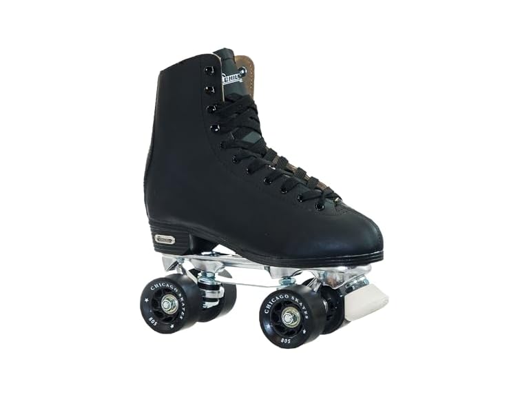 CHICAGO SKATES Men's Premium Leather Lined Rink Roller Skate - Classic Black Quad Skates - Size 8