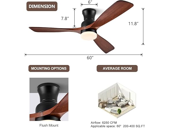 BOOSANT 60" Ceiling Fan with Lights Flush Mount