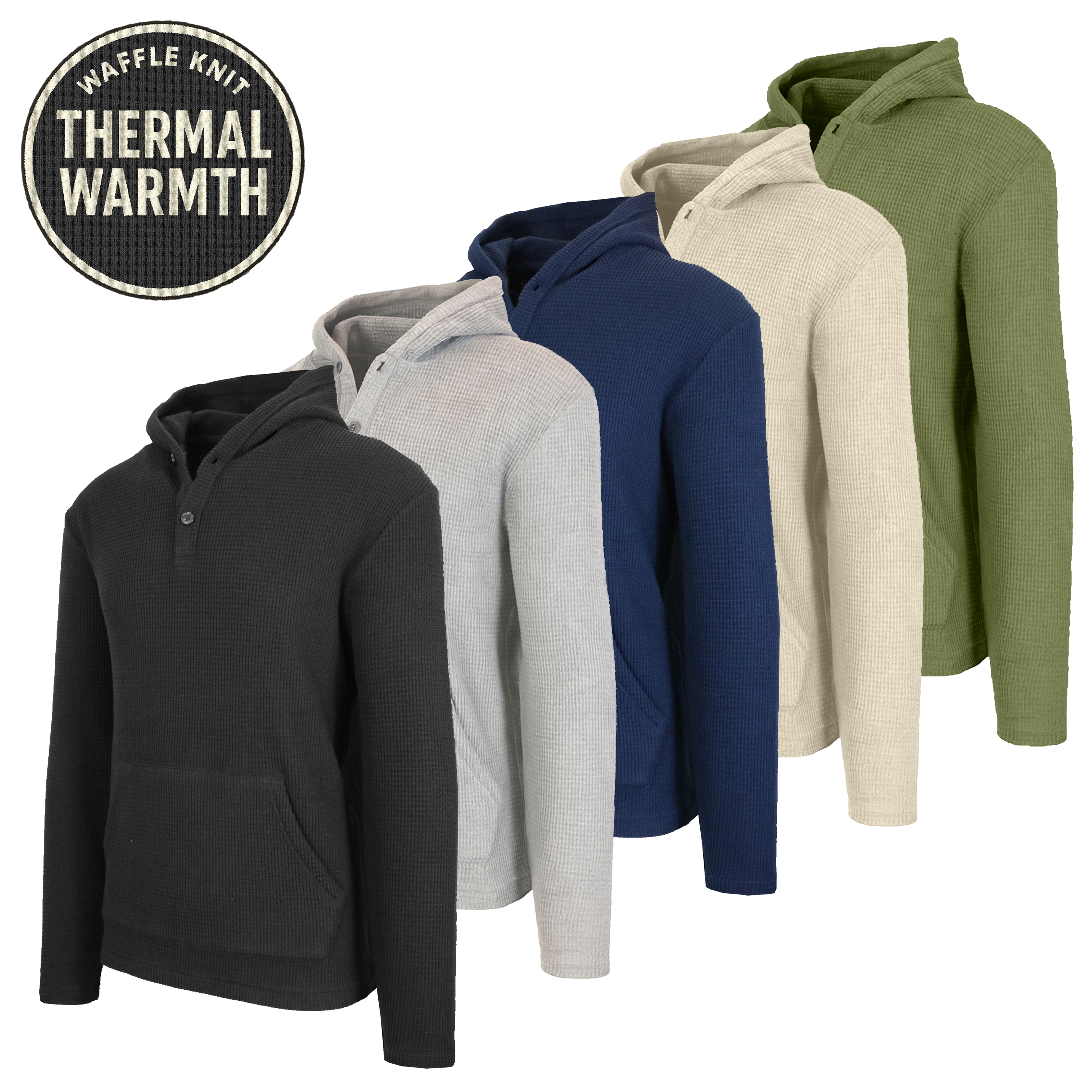 5Pk Mens Waffle-Knit Henley Pullover Hoodie - Gallery 5