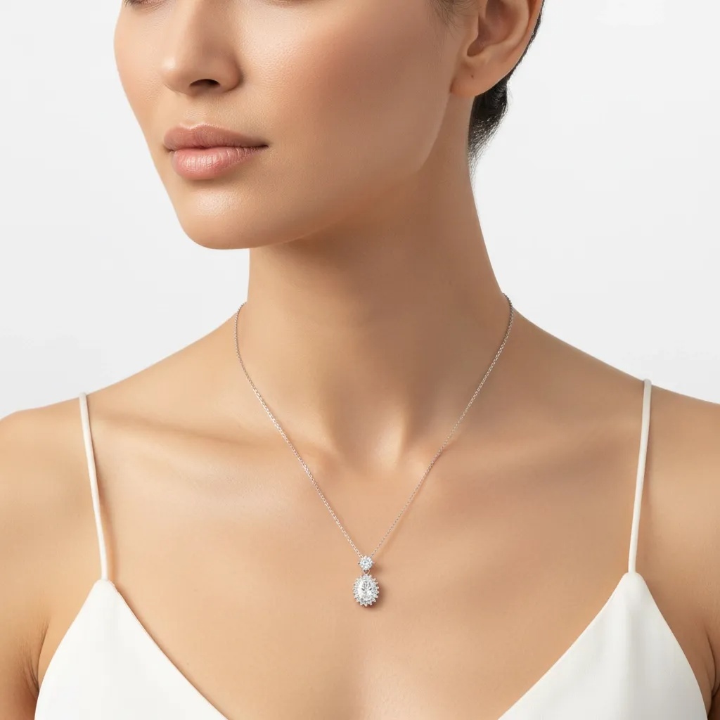 Moissanite Diamond Oval Halo Necklace - Gallery 7
