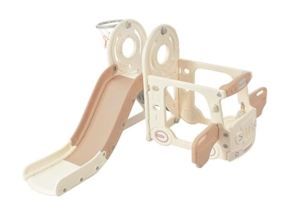 SPOFLYINN Toddler Slide Swing Set with Bus Beige