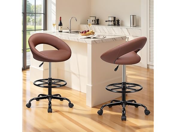 Drafting Chair with Back, Height Adjustable Rolling Stool with Foot Rest, Tall 360° Swivel Stool PU Leather Chair with Wheels for Home Office, Standing Desk, Brown (Open Box) - Gallery 2
