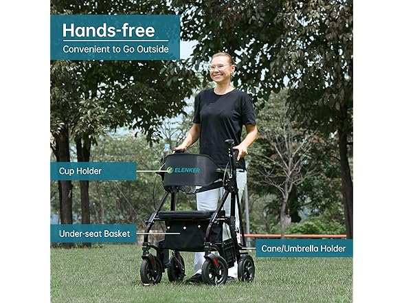 ELENKER All Terrain Rollator Walker Transport Wheelchair Combo, 2 in 1 Rolling Walker with Padded Seat and Wide Backrest, Black (Open Box)