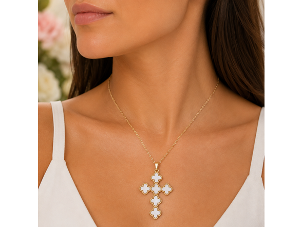 Gold Plated White Clover Cross Pendant