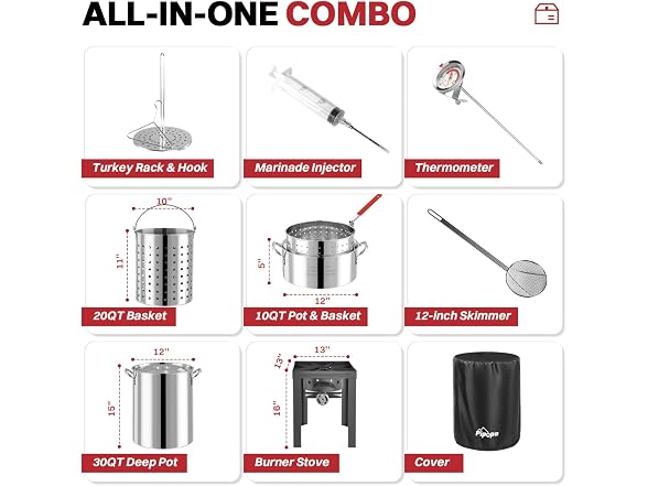 Pipopa 30QT & 10QT Stainless Steel Turkey Fryer