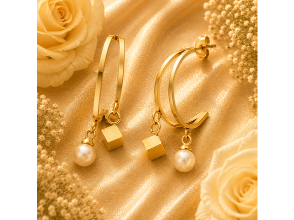 18K Gold Pearl Hoop Drop Earrings