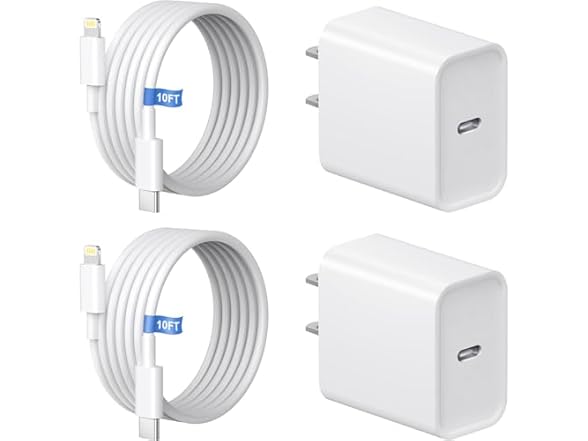 (2 PACK) 10FT Lightning Cable & 20W USB-C Charging Adapter