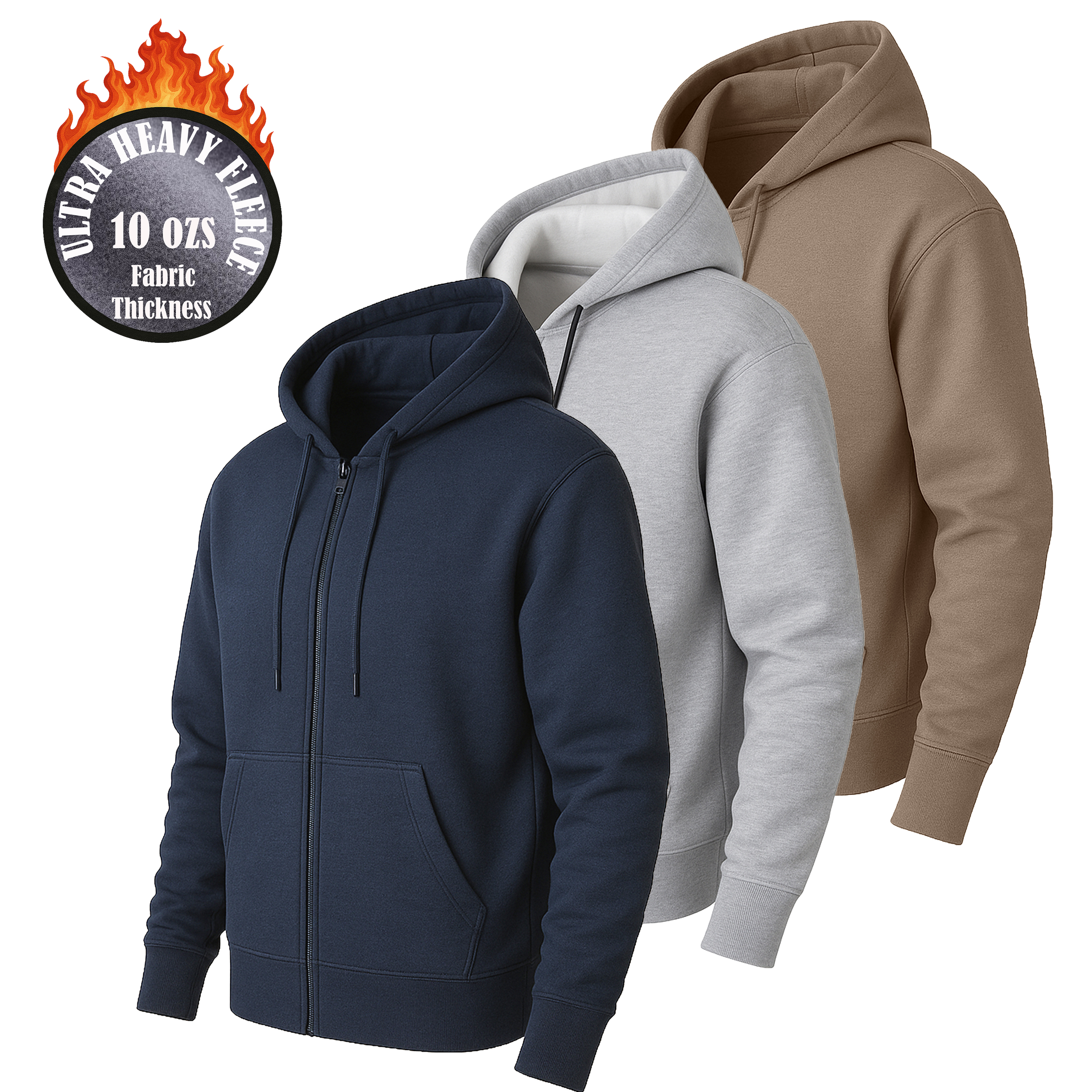 3Pk Mens Heavyweight Fleece-Lined Full Zip Hoodie - Gallery 12