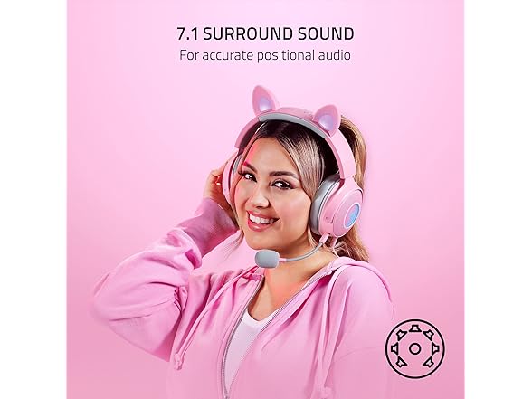 Razer Kraken Kitty V2 Pro Wired RGB Headset: Interchangeable Ears (Kitty, Bear, Bunny) - Stream Reactive Lighting - Detachable HyperClear Cardioid Mic - 50mm Drivers - 7.1 Surround Sound - Quartz Pink (Open Box)