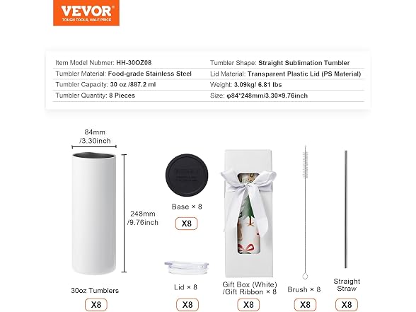 VEVOR 8 Pack Sublimation Tumblers 20 Oz