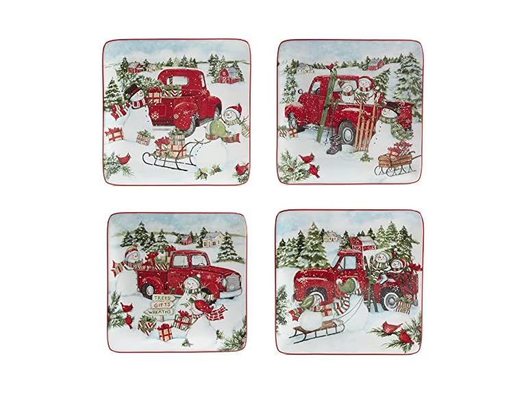 Red Truck Snowman 8.5" Salad/Dessert Plates, Set of 4