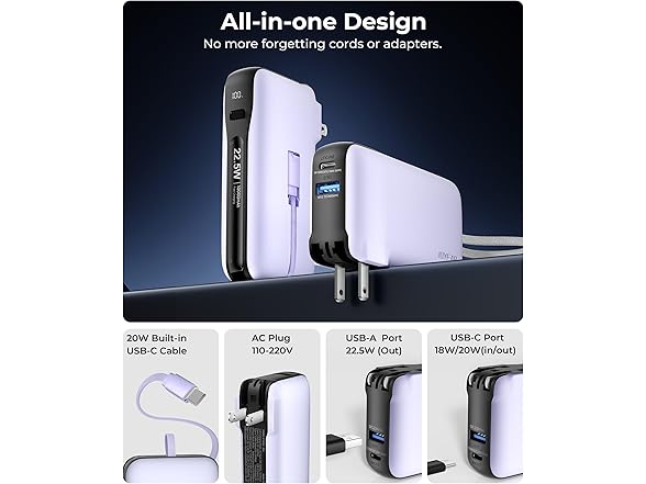JOYFAR 10,000mAh Powerbank w/AC Plug and Built-in Cables