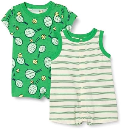 Amazon Essentials Unisex Babies' Sleeveless and Short-Sleeve Romper Set, Pack of 2, Sporty/Stripe, 3-6 Months