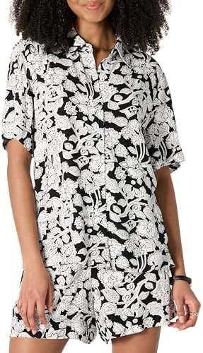 Amazon Essentials Women's Relaxed-Fit Fluid Twill Button-Down Shirt (Short Sold Separately), Black Ivory Folk Floral, Medium