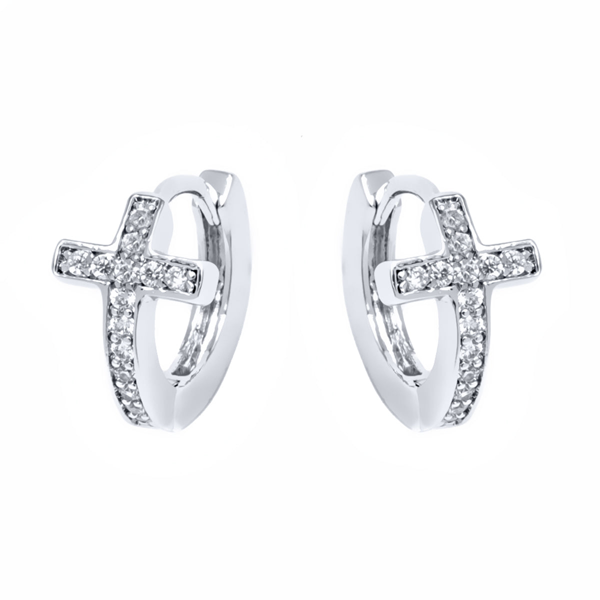White Gold Plated Cross Huggie Earring - Gallery 6