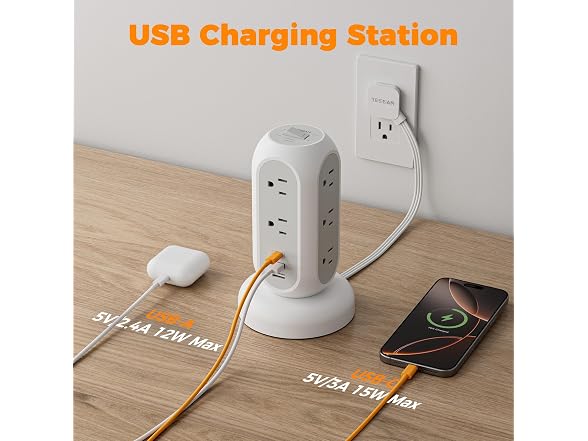 TESSAN 5ft Cord Power Tower (11 Outlets, 3 USB)