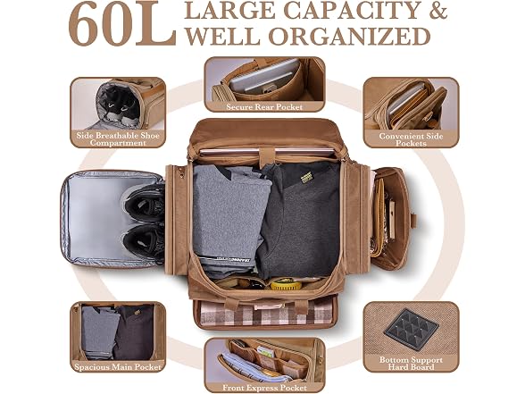 SHOWKOO Khaki 60L Duffle Bag