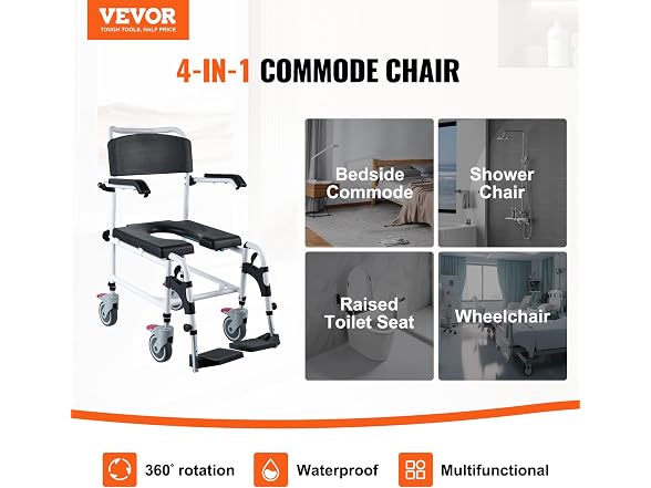 Shower Commode Wheelchair with 4 Lockable