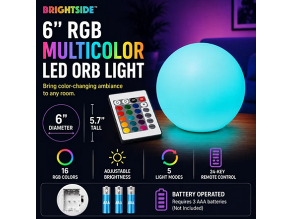 Brightside 6" RGB Multicolor LED Orb Light with Remote