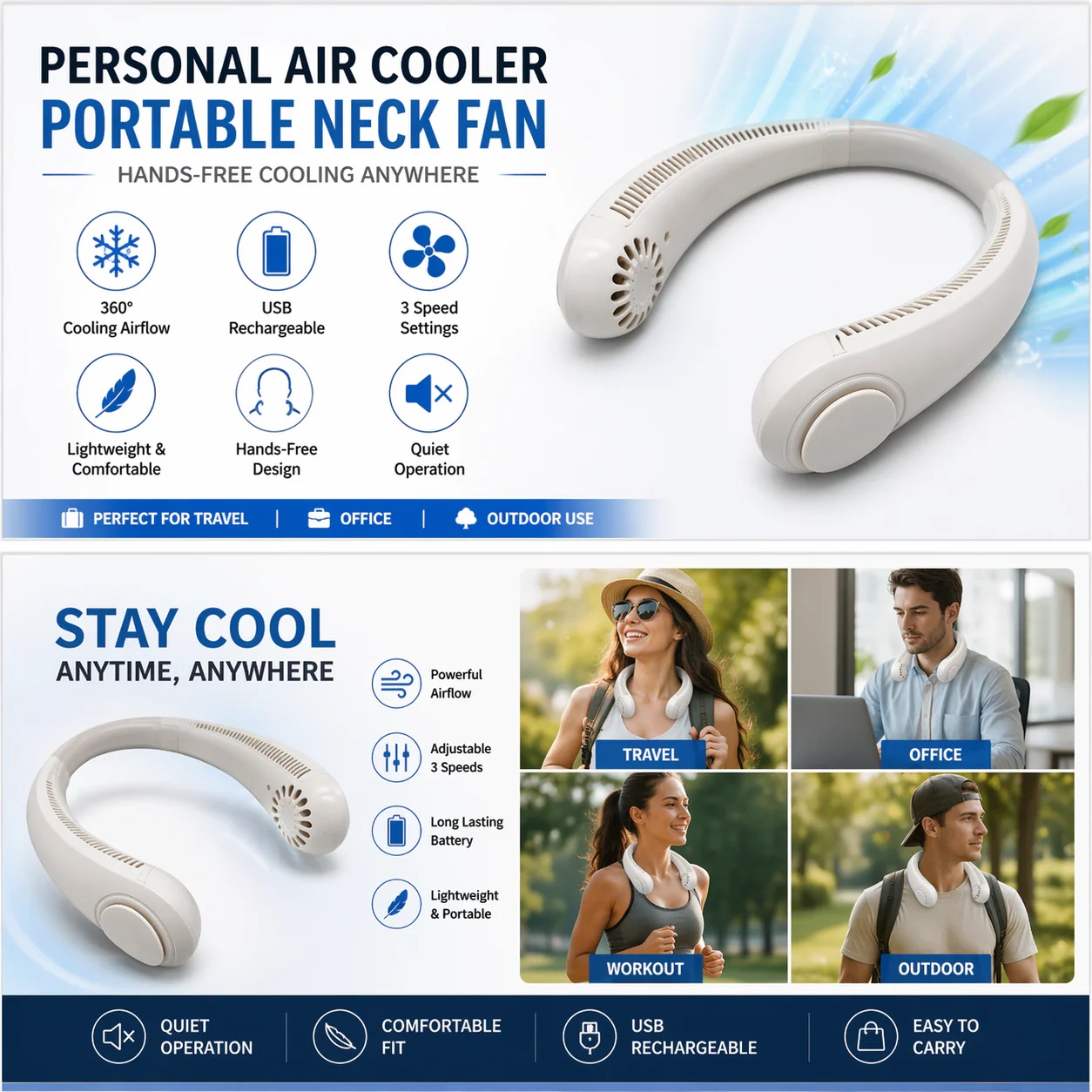 Portable USB Rechargeable Neck Fan - Gallery 11