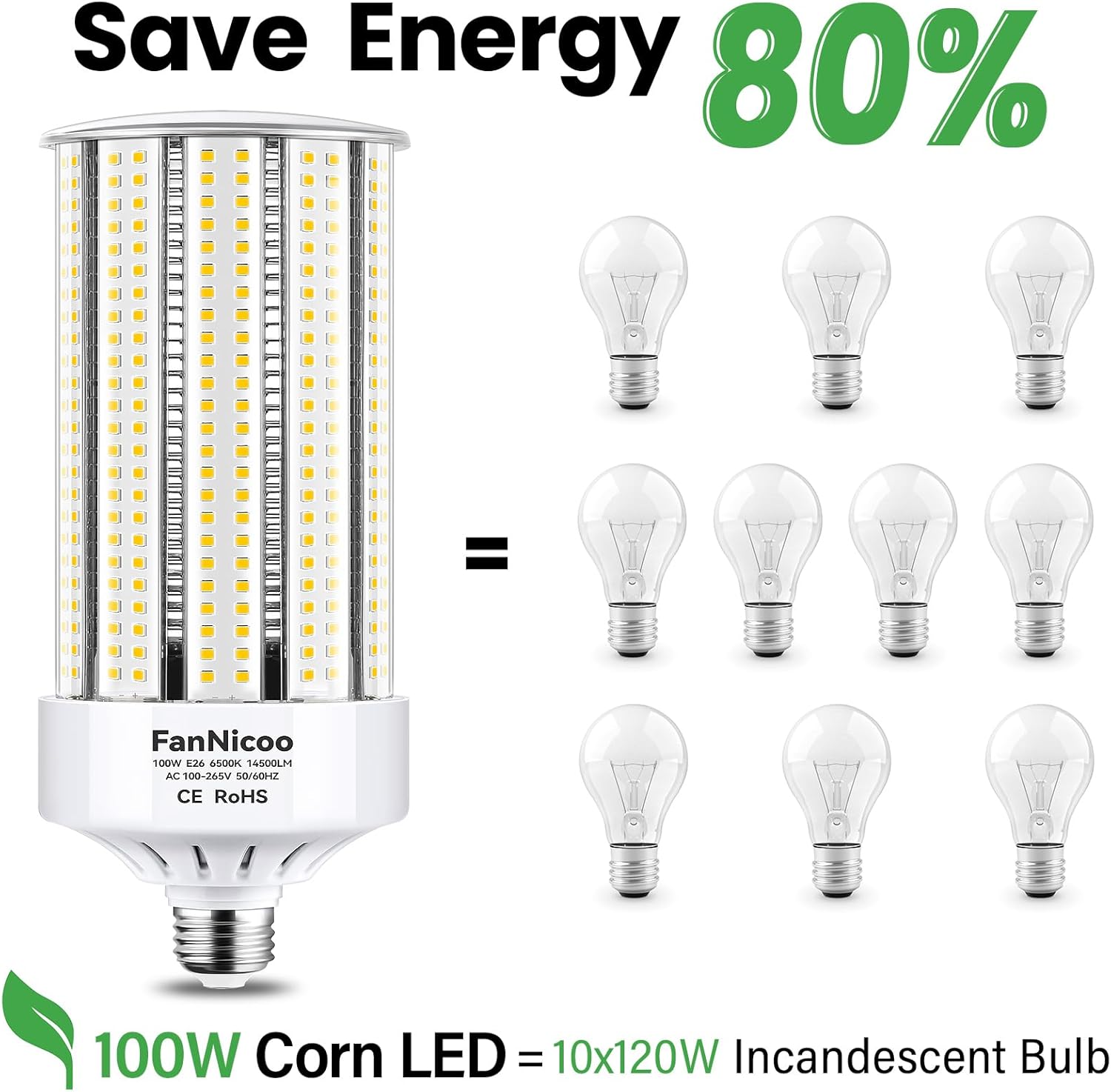 FanNicoo 2 Pack 1200W Equivalent 100W LED Corn Bulbs - Gallery 12