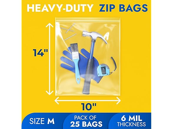 10" x 14" Reclosable Plastic Zip Bags, Pack of 25