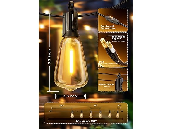 Brightown Outdoor String Lights, 75FT