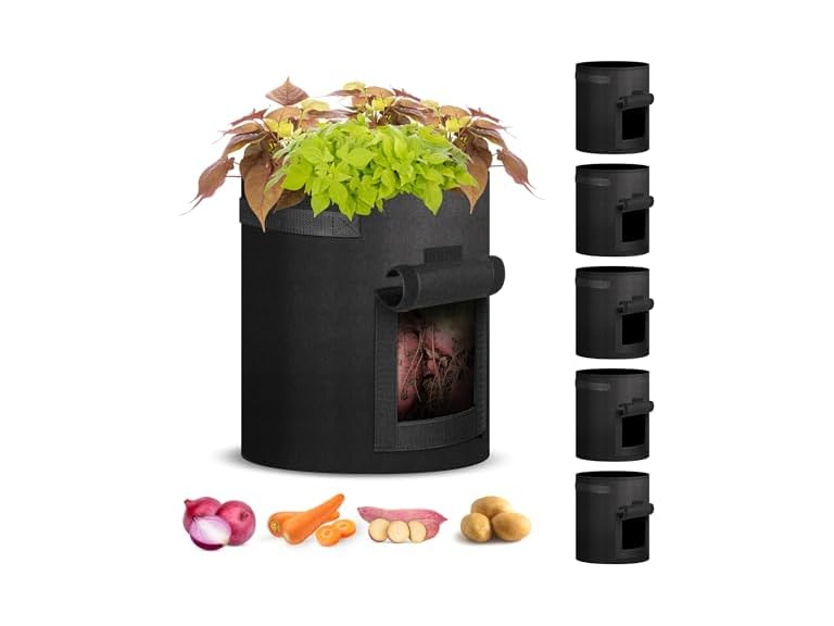 iPower 5-Pack 10-Gallon Potato Grow Bags Planter Pots with Handle, Access Flap and Visual Window, Easy to Harvest, Thickened Non-Woven Aeration Fabric Container for Tomato, Carrot, Fruits, Vegetables