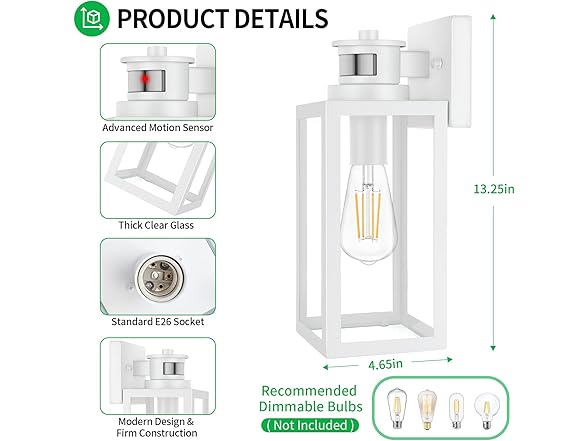 TOBUSA White Motion Sensor Wall Light 2Pk