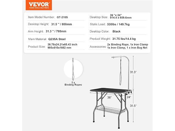 VEVOR Pet Grooming Table Arm with Clamp, 36''x24''