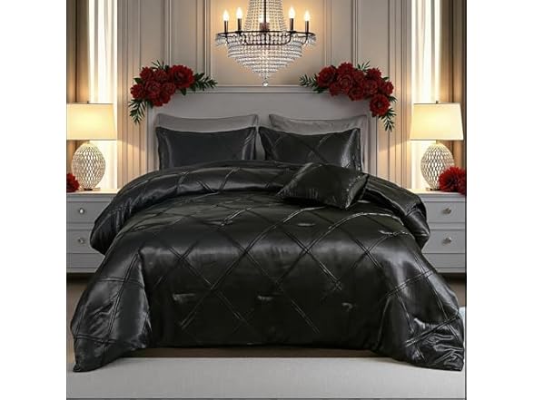 Black Pintuck Comforter Set Silky Satin Full